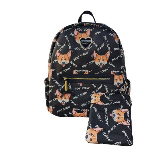 Betsey Johnson Corgi Dog Print Faux Leather Large Backpack Pouch Set - Picture 10 of 10